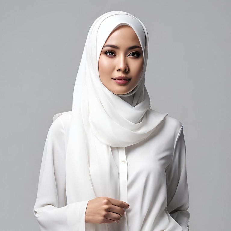 A Muslimah model wearing rose-gold top